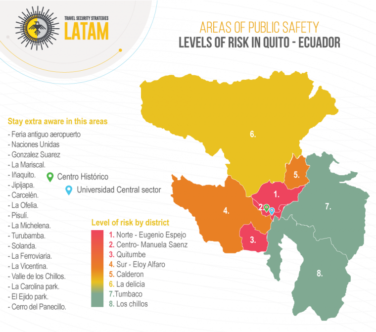 Areas of public safety levels of risk in Quito, Ecuador Bodyguard in latin america